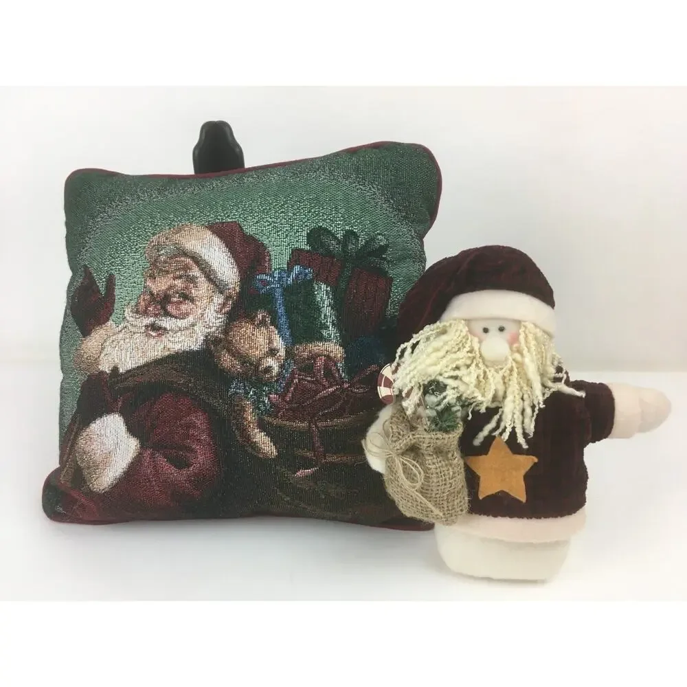 Santa Pillow Plush Christmas Red White Green Cottage Core Country Home